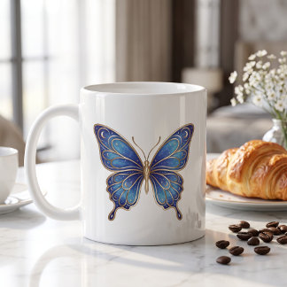 Café Taza Mariposa Celestial Dorado Arte de Línea Azul