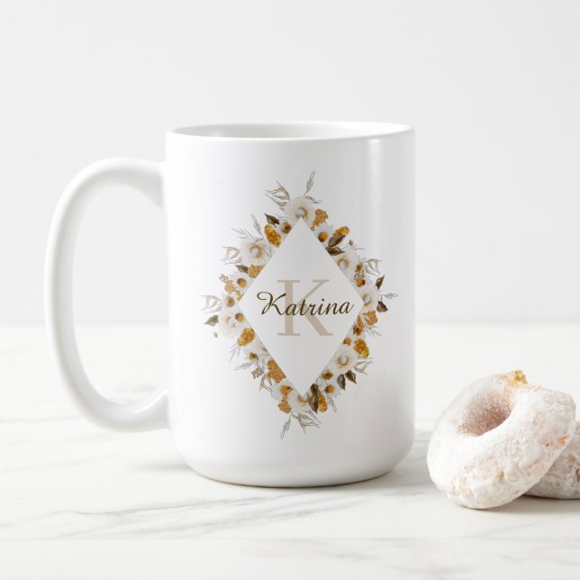 Café Taza Monograma de Floral Acuarela (Con donut)