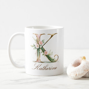 Café Taza Monograma de Letra K Floral Dorada Elegante