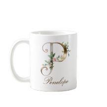 Taza Monograma de Letra P Floral Dorada Elegante