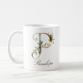 Café Taza Monograma de Letra P Floral Dorada Elegante