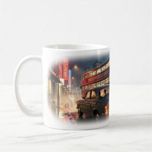 Café Taza Nocturna de Ciudad con Doble Piso Neon Lluvio