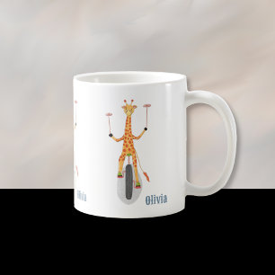 Café Taza para niños de jirafa en un monociclo con nomb