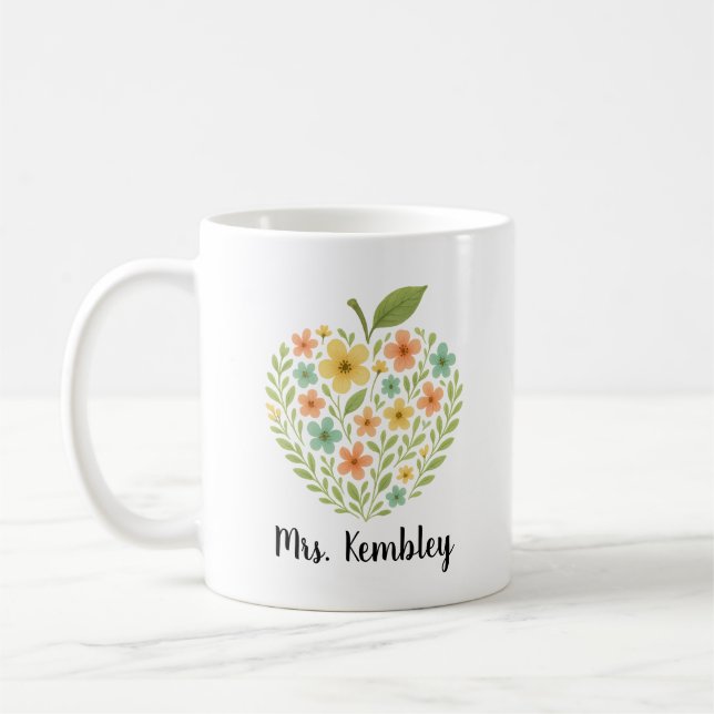 Café Taza para profesor de Apple personalizada floral A (Izquierda)