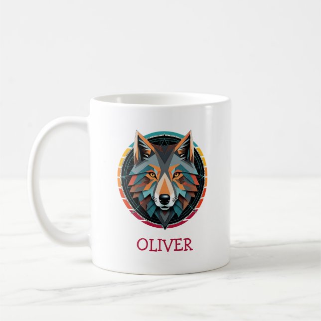 Café Taza Personalizada Cabeza de Lobo Geométrico Retro (Izquierda)