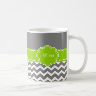 Café Taza personalizada Chevron gris de la verde lima