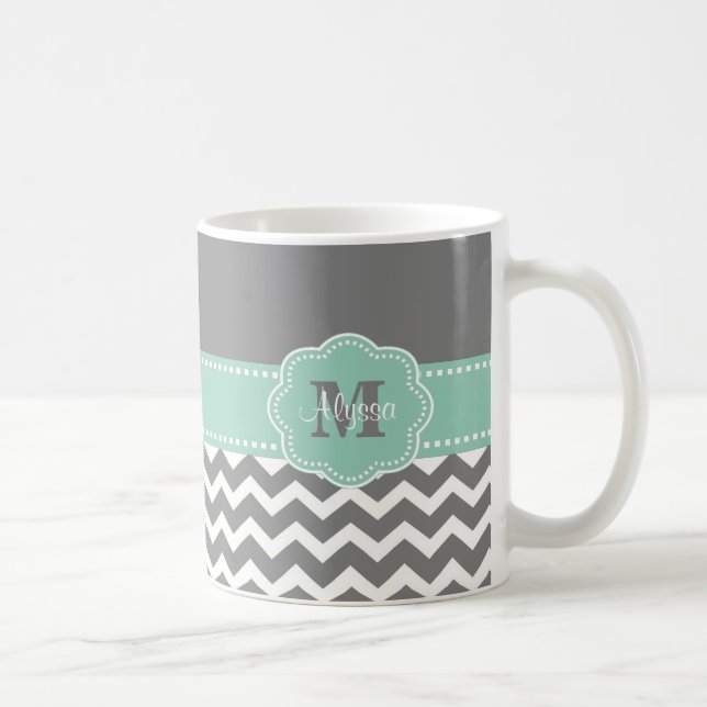 Café Taza personalizada Chevron gris de la verde menta (Derecha)