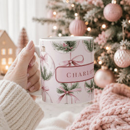 Café Taza personalizada con adorno de Navidad rosa mode