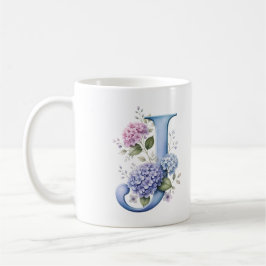 Café Taza personalizada con flor de hortensia y letra J