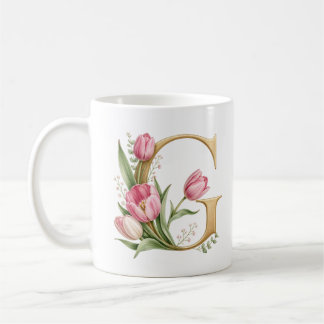 Café Taza personalizada con la letra G de tulipán y dis