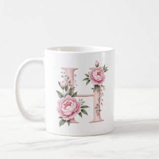 Café Taza personalizada con la letra H de flor de peoní
