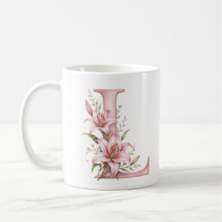 Café Taza personalizada con la letra L de flor de lirio