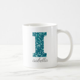 Café Taza Personalizada con Monograma de Purpurina Teal