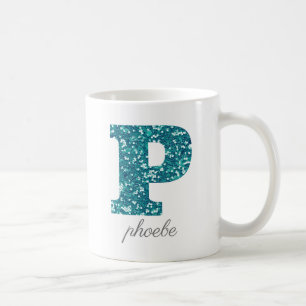 Café Taza Personalizada con Monograma de Purpurina Teal