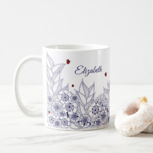 Café Taza personalizada de arte popular botánico azul