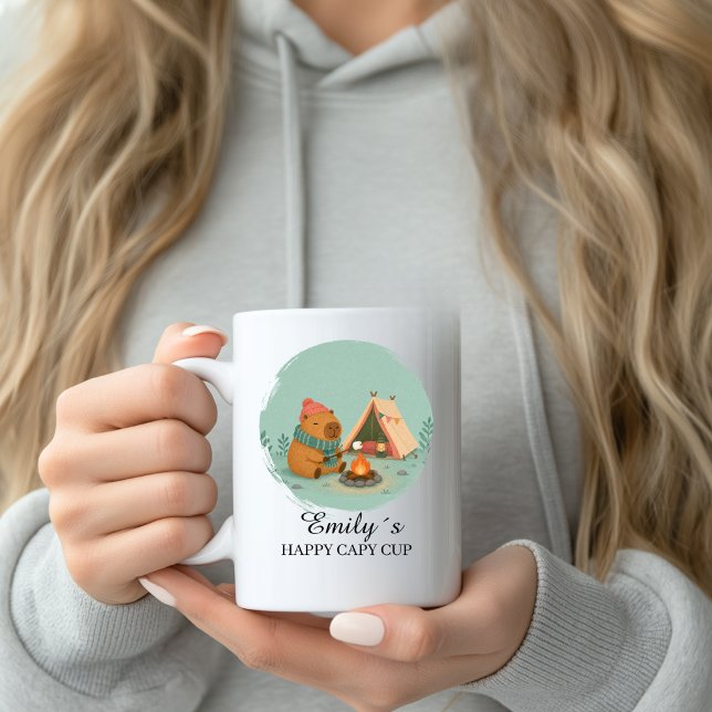 Café Taza personalizada de camping Capybara con nombre  (Custom Camping Happy Capybara Cup Name Custom Mug with your Name & Text. )