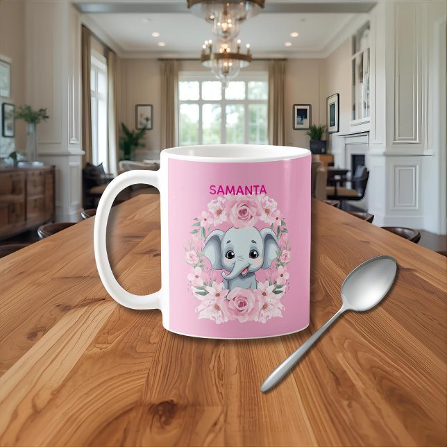Café Taza personalizada de elefante rosa para niñas (Subido por el creador)