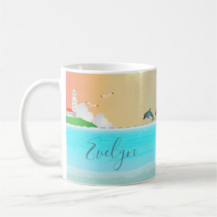 Café Taza personalizada de faro náutico con delfines