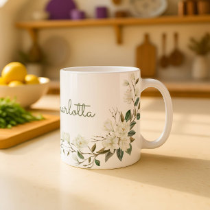 Café Taza personalizada de flores blancas, nombre perso