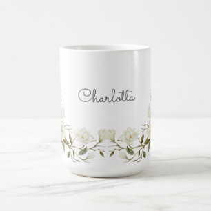 Café Taza personalizada de flores blancas, nombre perso