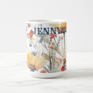 Café Taza Personalizada de Oro Azul Boho Flores Silvest