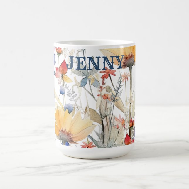 Café Taza Personalizada de Oro Azul Boho Flores Silvest (Centro)