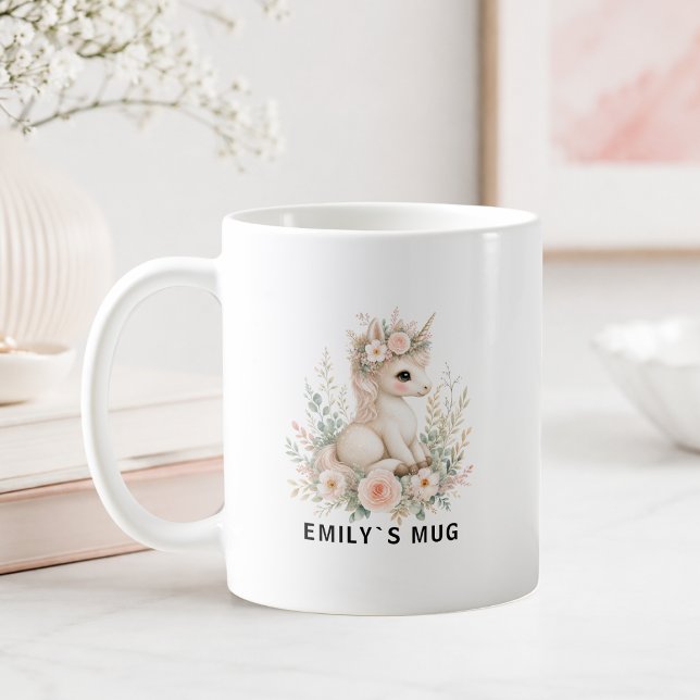 Café Taza personalizada de unicornio del bosque con nom (Custom Woodland Unicorn Mug with your Name or Quate)