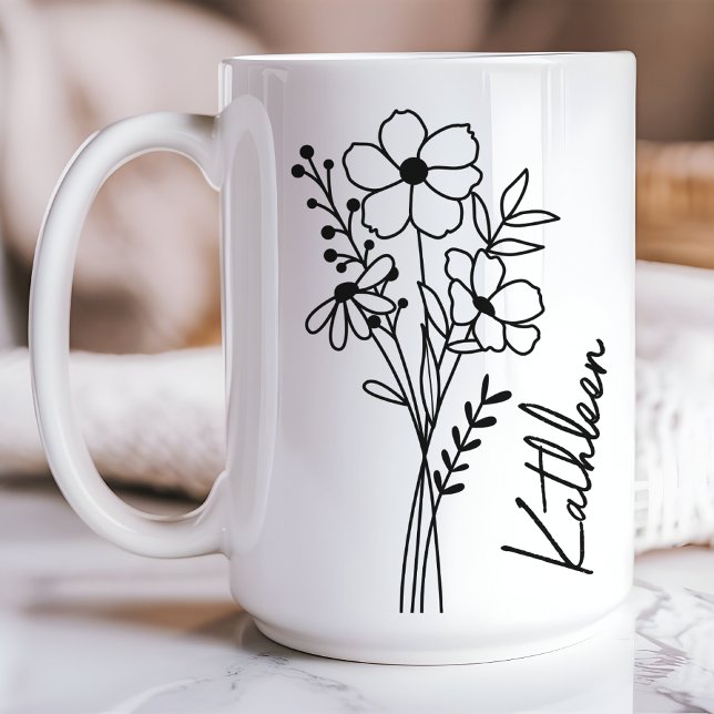 Café Taza Personalizada para Ella, Taza de Flores Silve (wildflowers mug, floral custom mug, birthday mug for her, bridesmaid gift mug, bridal shower gift)