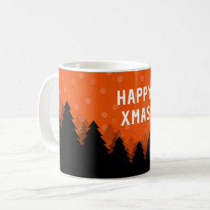 Café Taza roja de Feliz Navidad con bosque, árboles y n