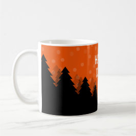 Café Taza roja de Feliz Navidad con bosque, árboles y n
