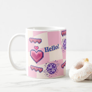Café Taza rosa de corazón de píxel retro