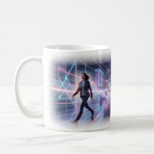Café Taza Viaje Ciudad Futuro Neon a Través de la Luz
