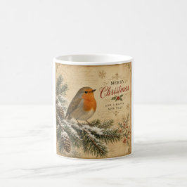 Café taza vintage de Navidad petirrojo