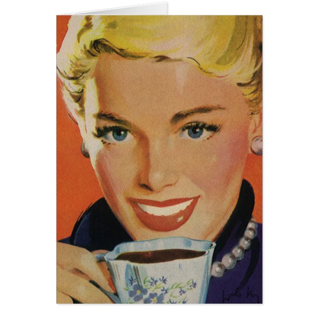 Café Vintage, mujer feliz con café retro (Frente)
