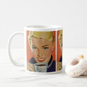 Café Vintage, Mujer Feliz con Taza de Café Retro