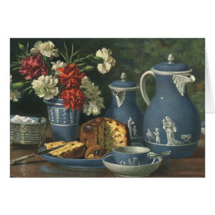 Café vintage por la tarde, tarta, té y flores