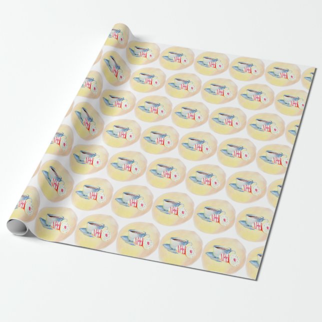 Café y donuts envolviendo papel amarillo pálido (Desenrollado)
