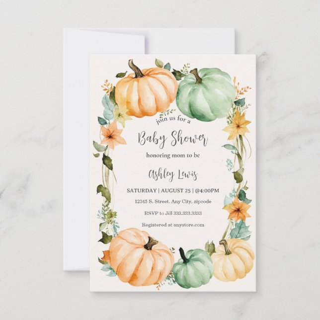 Caída Bebé ducha invitación temática de calabaza (Anverso)