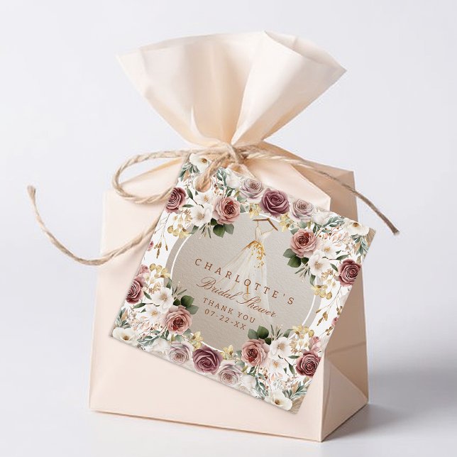 Caída Bridal Shower | Etiqueta de regalo floral ac (Bridal Shower Square Favor Tag)