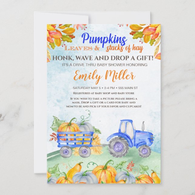 Caída calabaza tractor bebé azul invitación a la d (Anverso)
