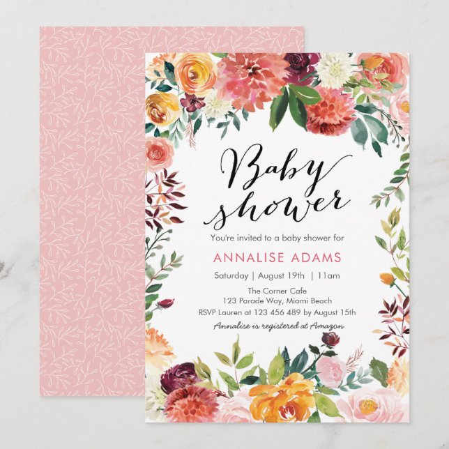 Caída de la invitación el | de Baby Shower floral (Anverso / Reverso)