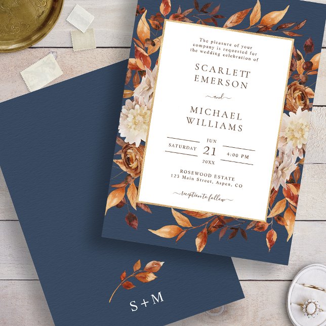 Caída deja la invitación a la boda rústica (Navy Blue Fall Leaves Rustic Wedding Invitation
)