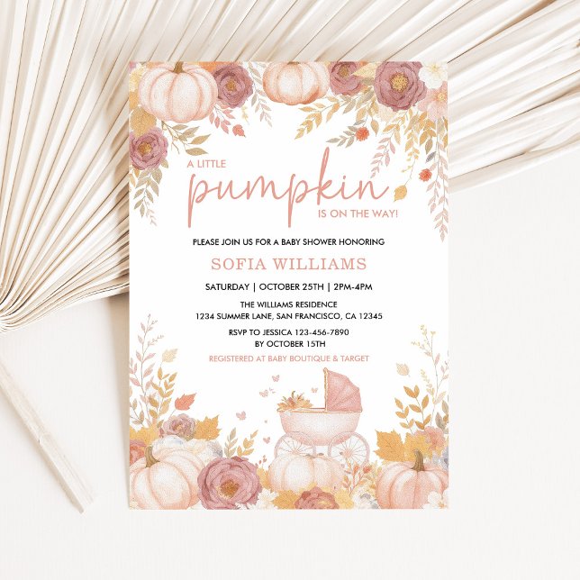 Caída del Chica de la invitación de Baby Shower de (Little Pumpkin Baby Shower Invitation in Blush and Gold)