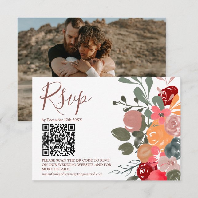 Caída retro acuarela floral foto boda QR RSVP (Anverso / Reverso)