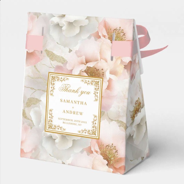 Caja de agradecimiento de boda sin tiempo Rosa Mar (Timeless Blush Ivory Gold Wedding Thank You Box)