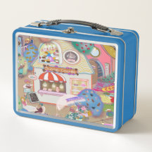 Caja de almuerzo de arte vintage azul