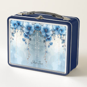 Caja de almuerzo de flores azules y perlas