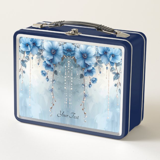 Caja de almuerzo de flores azules y perlas (Anverso)
