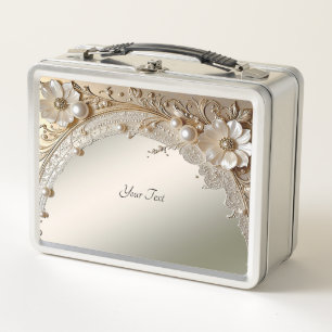 Caja de almuerzo de flores blancas modernas perlas