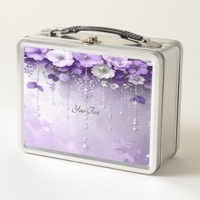 Caja de almuerzo de flores púrpuras con perlas col (Anverso)